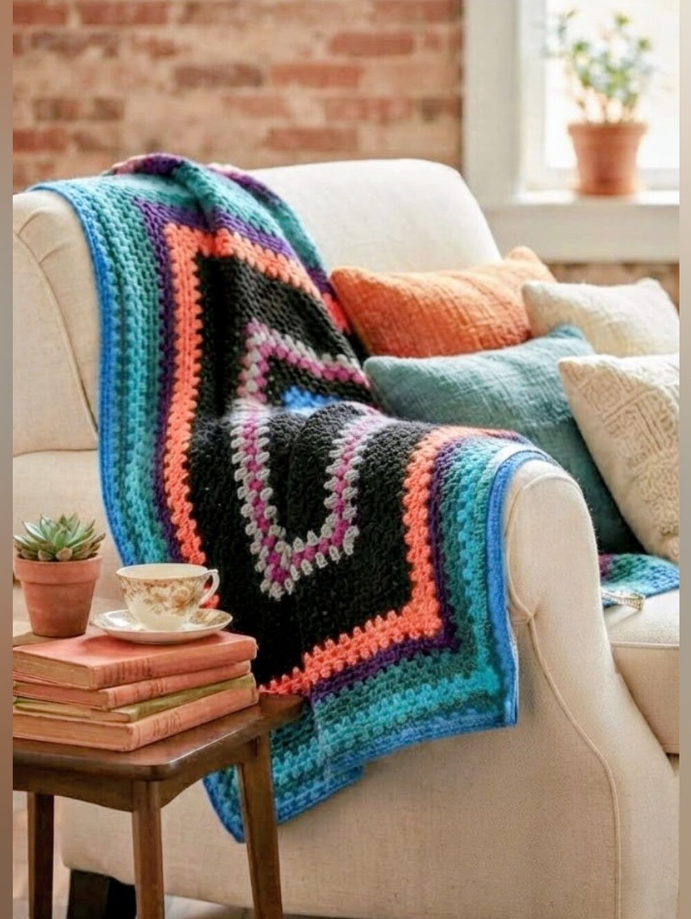 Vintage Handmade Crochet Granny Square Blanket Afghan Throw Blue Orange Boho